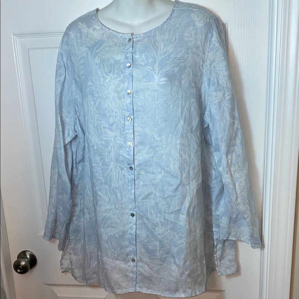 Tahari Women Linen Pastel Blue Button-Down Shirt Tunic Plus Size 1x
